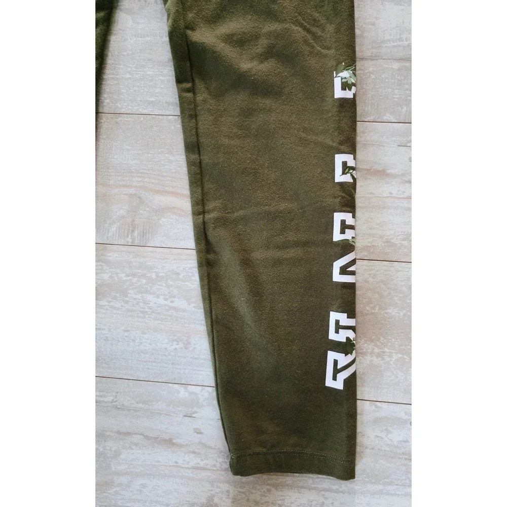 PINK‎ Victoria's Secret Olive Green Floral Logo Leggings L Athleisure
